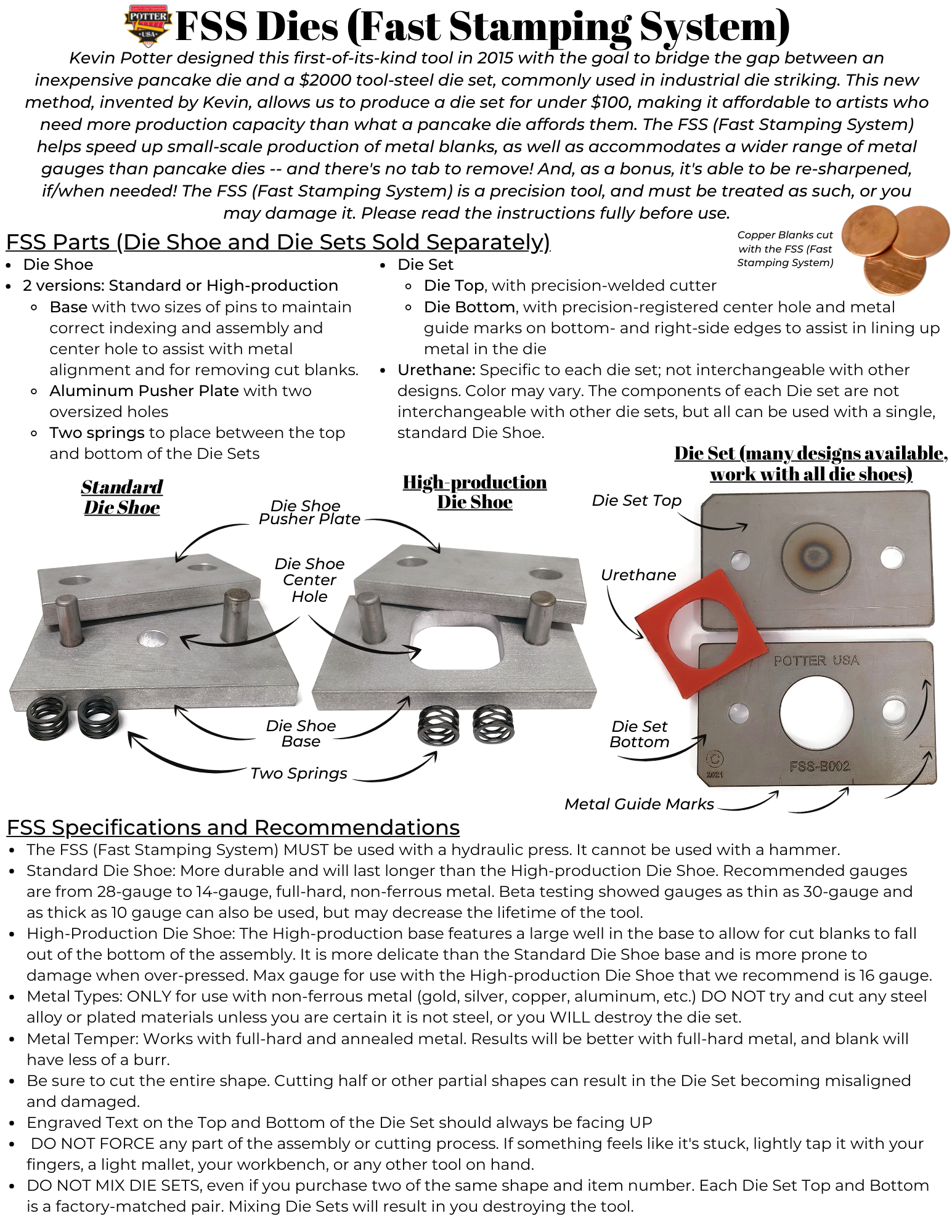 Potter USA Fine Tools. FSS (Fast Stamping System) Standard Die Shoe